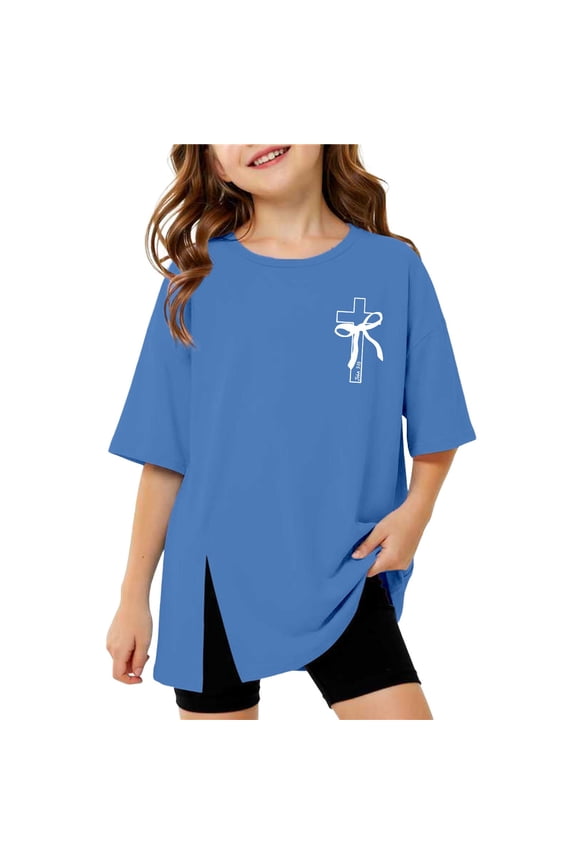 Girls Oversized Short Sleeve T Shirt Casual Crewneck Side Split T-Shirt, Sizes 3-16