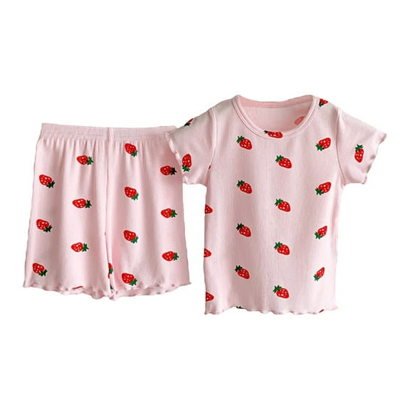 Hienoo Girls Pajama Set Short Sleeve Strawberry Print T Shirt Shorts Cotton Sleepwear, Sizes 3-4