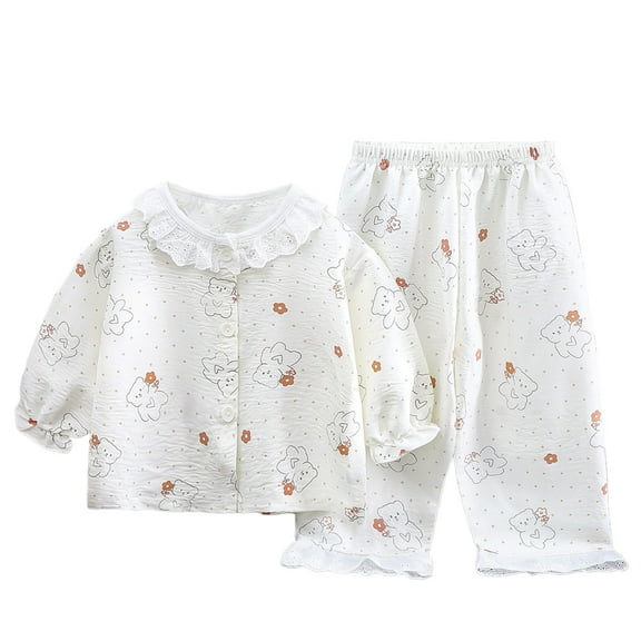 Hienoo Girls Pajamas Lace Cartoon Bear Long Sleeve Shirt Pants Homewear Set, Sizes 1-15