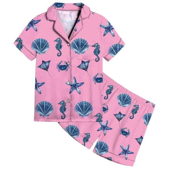 Hienoo Girls Pajamas Ocean Themed Print Short Sleeve Top Shorts Nightwear Pj's, Sizes 2-13