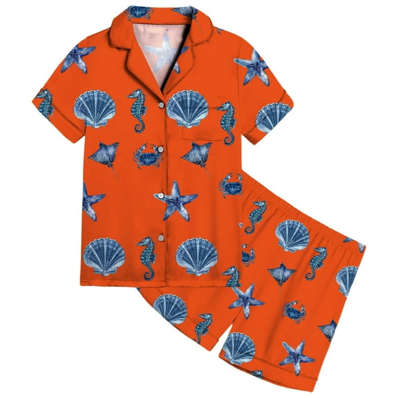 Hienoo Girls Pajamas Ocean Themed Print Short Sleeve Top Shorts Nightwear Pj's, Sizes 2-13