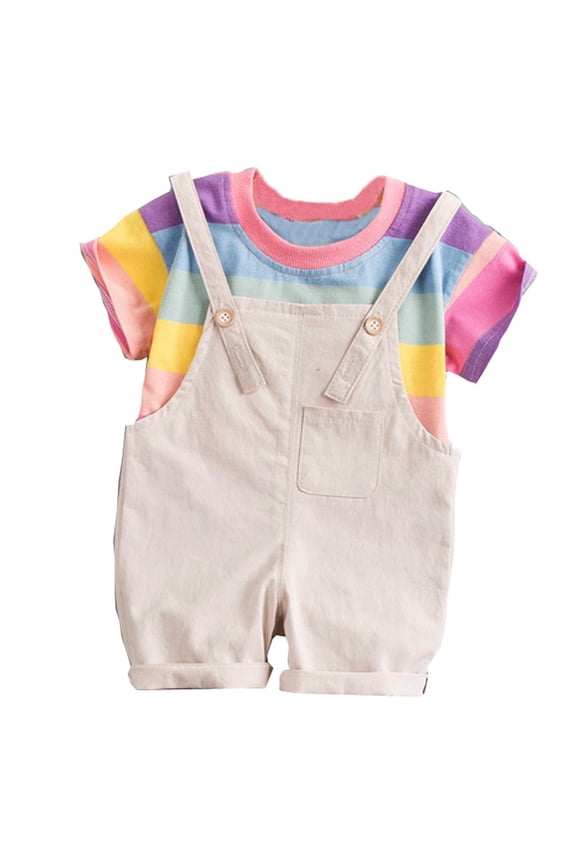 Girls Rainbow Striped Short Sleeve T-Shirt Overall Pants Outfits