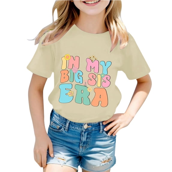 Hienoo Girls Round Neck Short Sleeved T Shirt Top with Letter Print, Sizes 1-2