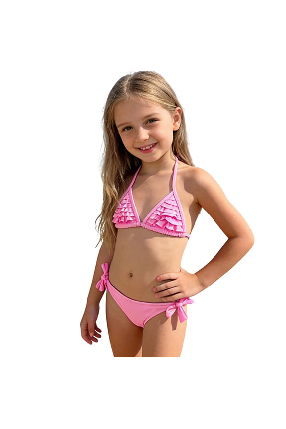 Girls Ruffle Bikini Set Solid Halter Swimsuit Bathing Suit, 2-Piece, Sizes 7-14