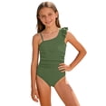 thumbnail image 1 of Hienoo Girls Ruffle One Shoulder Ruched One-Piece Swimsuit Solid Bathing Suit, Sizes 8-16, 1 of 5