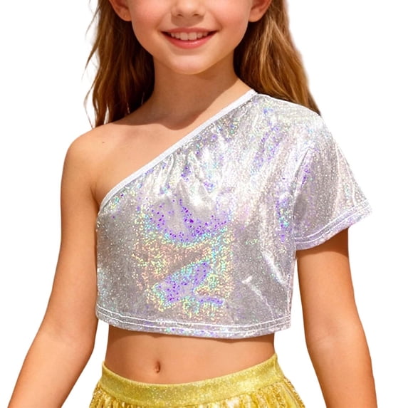 Hienoo Girls Shiny Metallic One Shoulder Crop Top Stage Performance Party Dance T-Shirt, Sizes 10-11