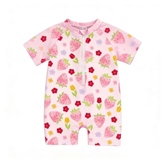 Hienoo Girls Short Sleeve Rash Guard One-Piece Swimsuit with Strawberry Print, Sizes 0-3T