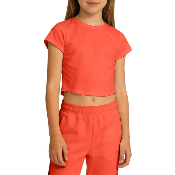 Hienoo Girls' Short Sleeved T Shirt Solid Crew Neck Crop Top Casual Summer Tee