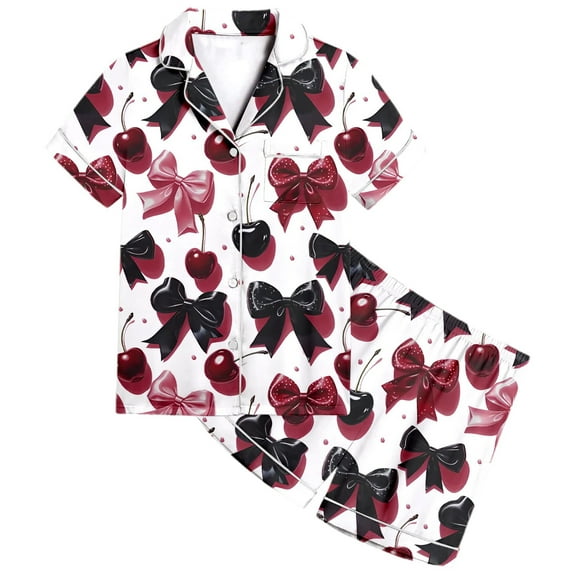 Hienoo Girls Sleepwear Pajamas Cherry Bow Print Short Sleeve Loungewear Set, Sizes 12-13