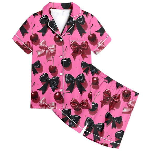 Hienoo Girls Sleepwear Pajamas Cherry Bow Print Short Sleeve Loungewear Set, Sizes 2-3