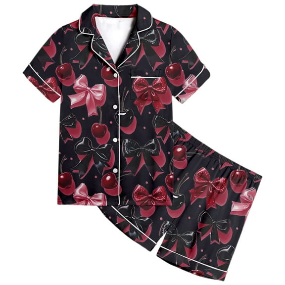 Hienoo Girls Sleepwear Pajamas Cherry Bow Print Short Sleeve Loungewear Set, Sizes 2-3
