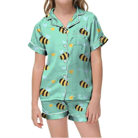 Hienoo Girls Sleepwear Short Sleeve Button Top Shorts Cartoon Bee Pajamas Set, Sizes 2-3