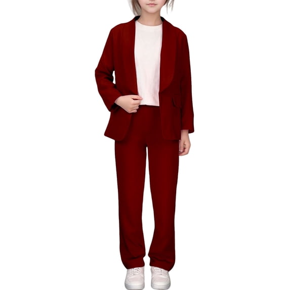 Hienoo Girls Suit Solid Long Sleeve Open Front Lapel Jacket Pants Formal Outfit