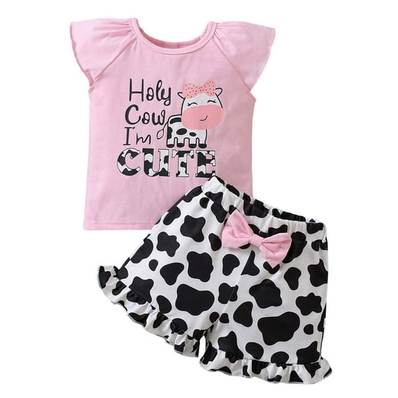 Hienoo Girls Summer Outfits Cow Letter Print Flutter Sleeve T-Shirt Shorts Set