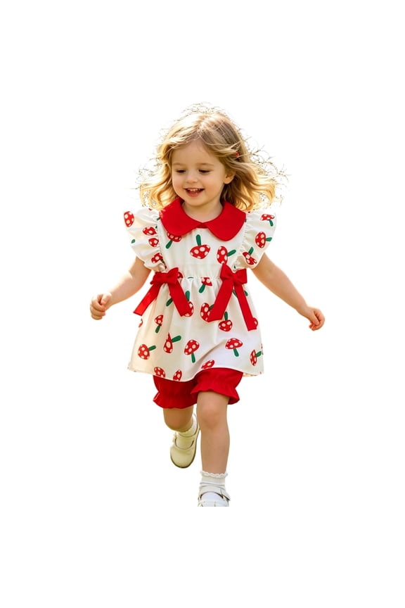 Girls' Summer Outfits Mushroom Print Bow Ruffle T-Shirt Shorts Set, Sizes 6M-4T