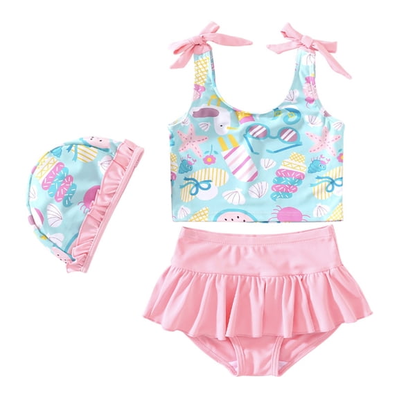 Hienoo Girls Swimsuit Cartoon Ruffle Tankini Set with Cap Baby Bathing Suit, 3-Piece, Sizes 6-12M