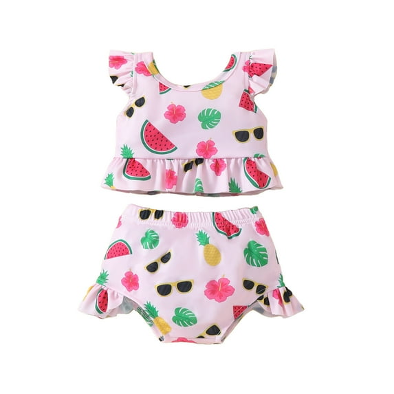 Hienoo Girls Swimsuit Fruit Print Ruffle Bikini Set Summer Beach Bathing Suit, Sizes 2-3