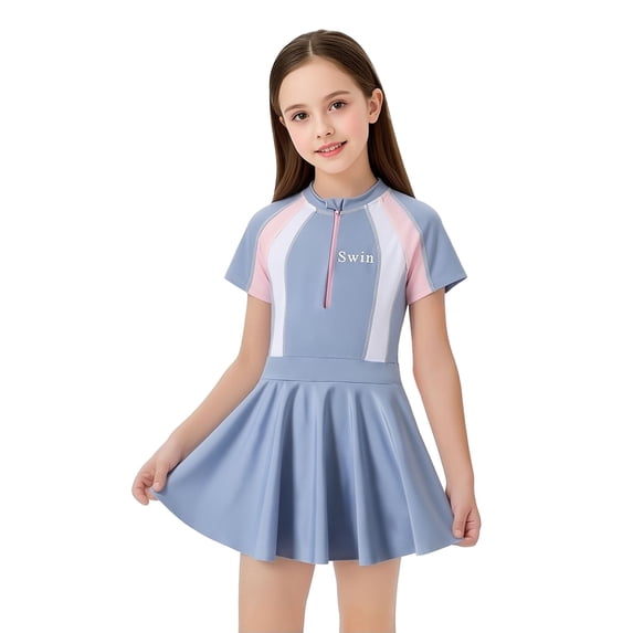 Hienoo Girls UPF50+ Half Zip Short Sleeve Rash Guard One-Piece Swimsuit Swim Dress