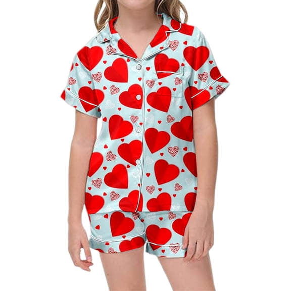 Hienoo Girls Valentine's Day Matching Pajamas Button-Down Shirt Shorts Nightwear Homewear