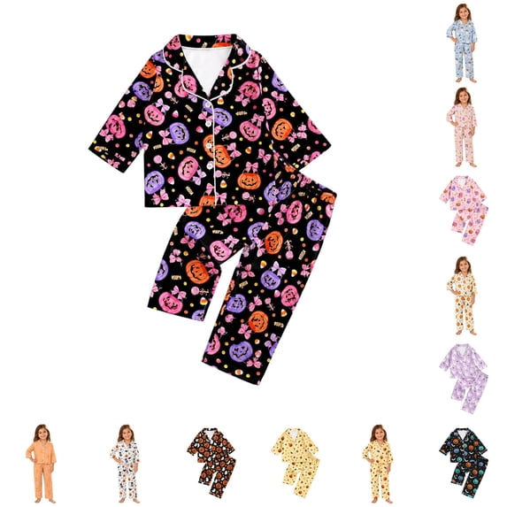 Hienoo Halloween Graphic Pajama Set For Girls Long Sleeve Buttons Shirts Pants Pajamas 3-14 Years