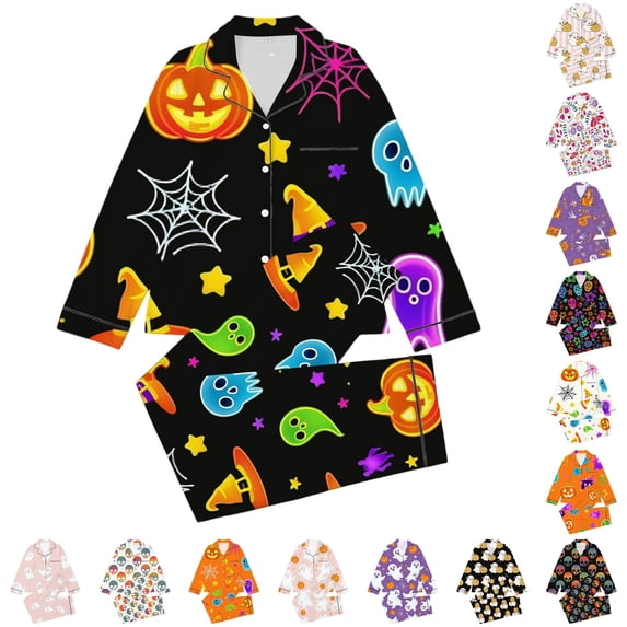 Hienoo Halloween Graphic Pajama Set For Girls Long Sleeve Buttons Shirts Pants Pajamas 3-14 Years
