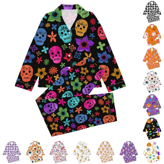 Hienoo Halloween Graphic Pajama Set For Girls Long Sleeve Buttons Shirts Pants Pajamas 3-14 Years