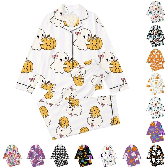 Hienoo Halloween Graphic Pajama Set For Girls Long Sleeve Buttons Shirts Pants Pajamas 3-14 Years