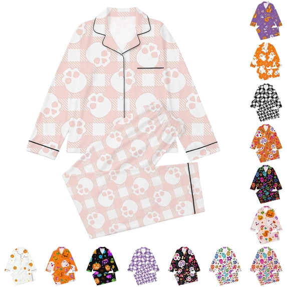 Hienoo Halloween Graphic Pajama Set For Girls Long Sleeve Buttons Shirts Pants Pajamas 3-14 Years