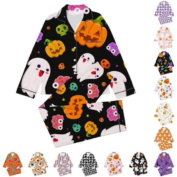 Hienoo Halloween Graphic Pajama Set For Girls Long Sleeve Buttons Shirts Pants Pajamas 3-14 Years
