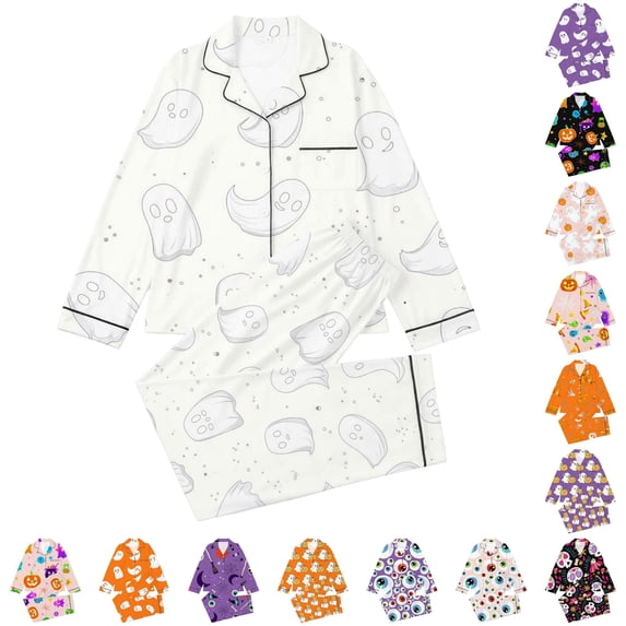 Hienoo Halloween Graphic Pajama Set For Girls Long Sleeve Buttons Shirts Pants Pajamas 3-14 Years