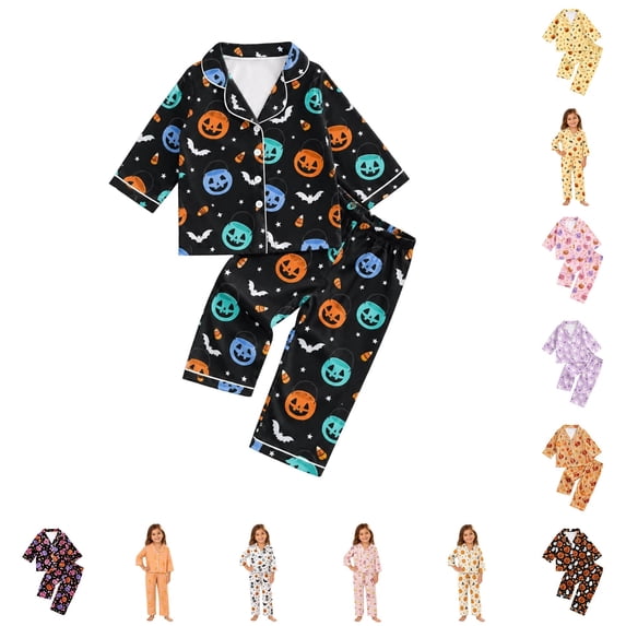 Hienoo Halloween Graphic Pajama Set For Girls Long Sleeve Buttons Shirts Pants Pajamas 3-14 Years