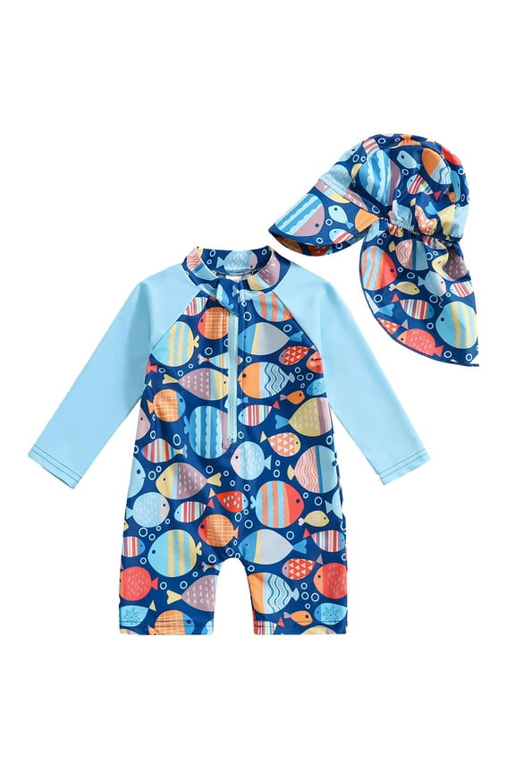 Infant Boys Long Sleeve Rash Guard Quick Dry One-Piece Swimsuit with Sun Hat, Sizes 12-18M