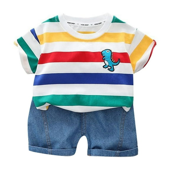 Hienoo Infant Boys Outfits Striped Short Sleeve T Shirt Denim Shorts Set, Sizes 18-24M
