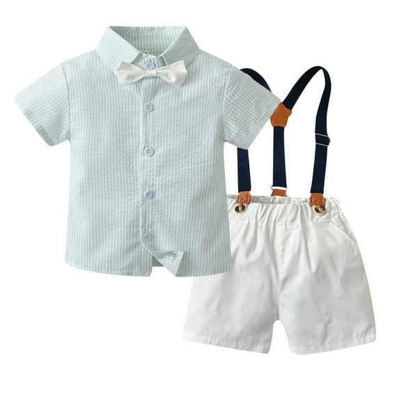 Hienoo Infant Boys Striped Short Sleeve Button Shirt Suspender Shorts Kids Summer Outfit Sets