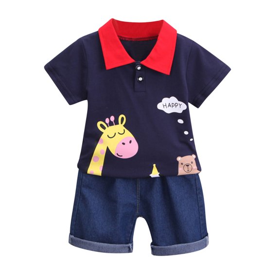 Hienoo Infant Boys Summer Outfits Cartoon Giraffe Print Short Sleeve Polo Shirt Shorts Set