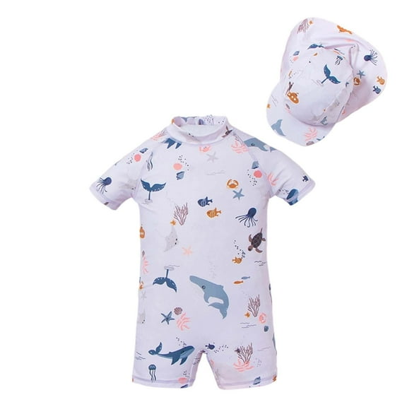Hienoo Infant Boys Swimwear Set Short Sleeve Rash Guard One-Piece Swimsuit with Hat, Sizes 18-24M