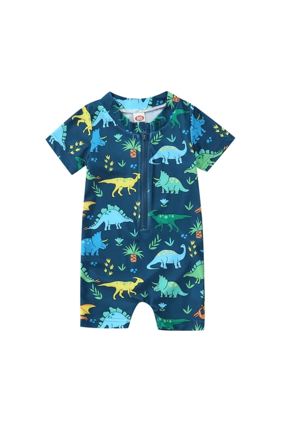 Boys Zipper One-Piece Swimsuit Cartoon Dinosaur Rash Guard