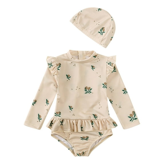Hienoo Girl One-Piece Swimsuit Long Sleeve Ruffle Rash Guard Bathing Suit with Hat
