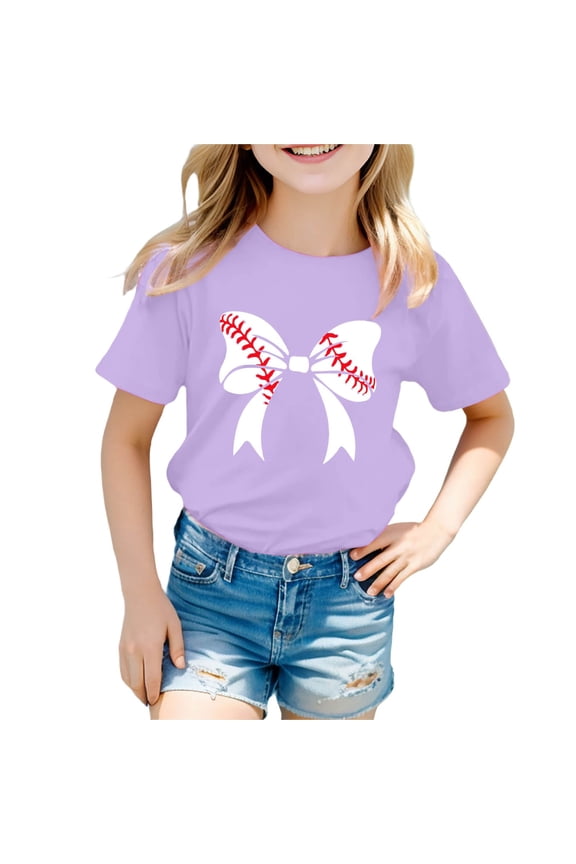 Infant Girls Baseball Bow Prints T Shirt Short Sleeve Round Neck T-Shirt Graphic Tee