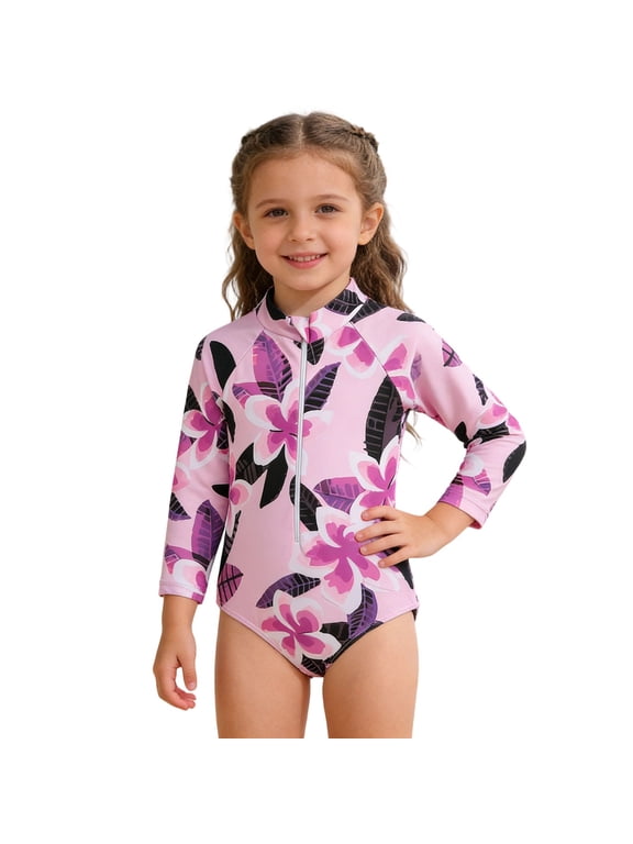 Girls Long Sleeve Half Zip One-Piece Swimsuit Bathing Suit with UPF50+