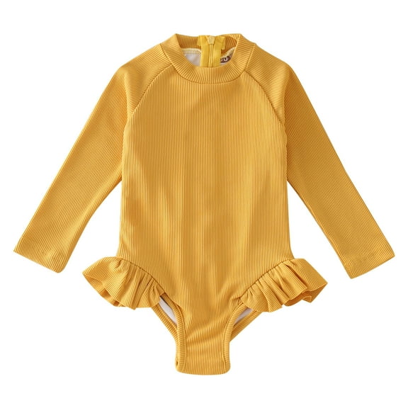 Hienoo Girls Long Sleeve Zip-Up Rash Guard Ruffle Solid UPF 50 One-Piece Swimsuit