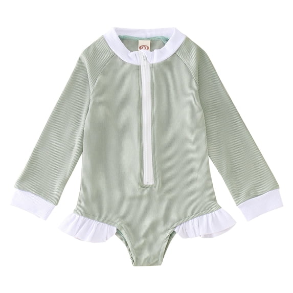 Hienoo Girls Long Sleeved One-Piece Swimsuit Zipper Ruffle Rash Guard Bathing Suit