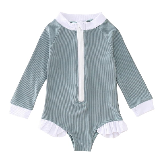 Hienoo Girls Long Sleeved One-Piece Swimsuit Zipper Ruffle Rash Guard Bathing Suit