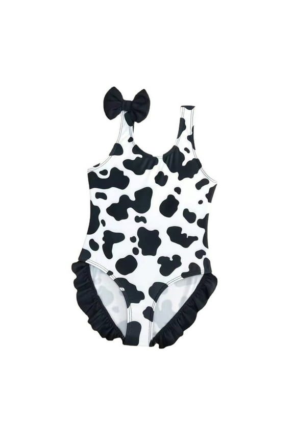 Girls One-Piece Swimsuit Cow Prints Bow Ruffle Bathing Suit Sports Swimwear