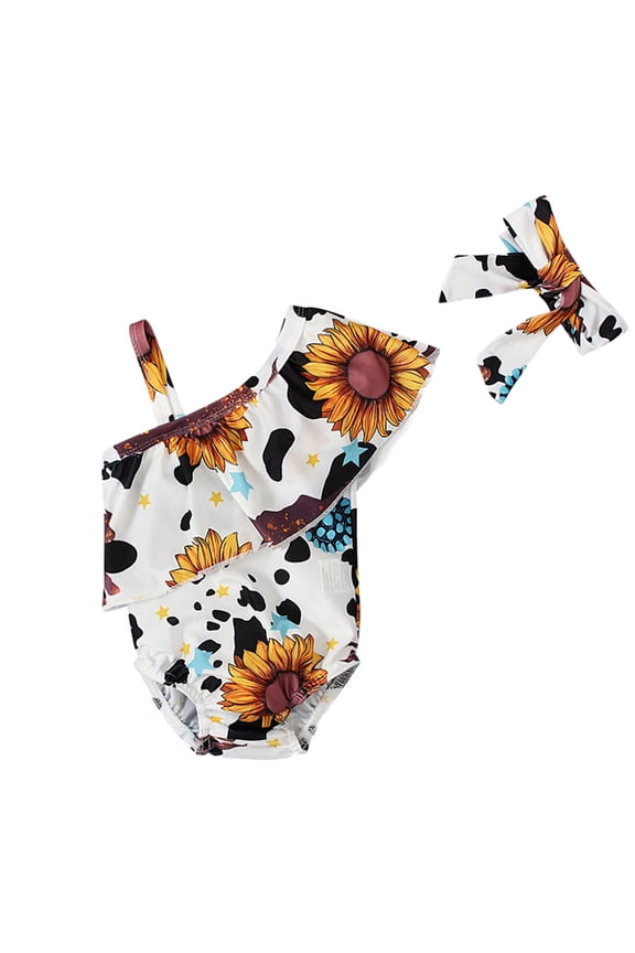 Girls One-Piece Swimsuit Sunflower Print Ruffle One Shoulder Bathing Suit