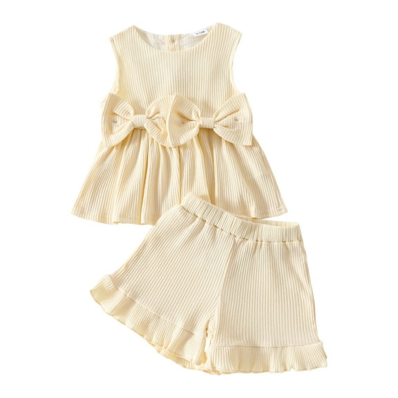 Hienoo Infant Girls Outfits Bow Ribbed Sleeveless Top Ruffles Shorts Set, Sizes 6M-4T