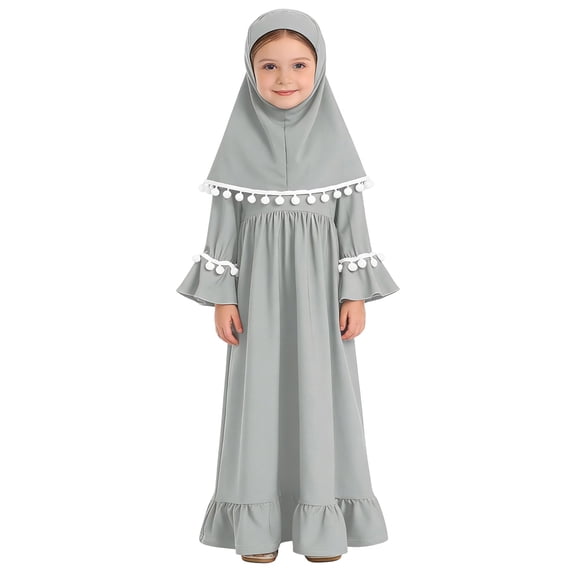Hienoo Infant Girls Outfits Solid Tassels Long Sleeve Ruffle Abaya Dress Hijab 2Pcs Set