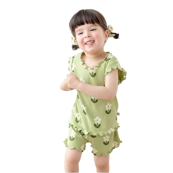 Hienoo Infant Girls Pajamas Short Sleeve Floral T Shirt Shorts Casual Outfits, Sizes 12M-5T