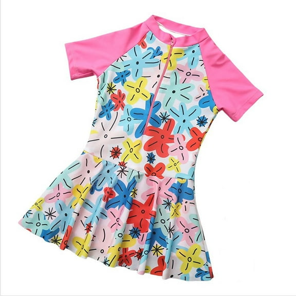 Hienoo Girls Rash Guard Swim Dress Short Sleeve Graphic Quick Dry Bathing Suit