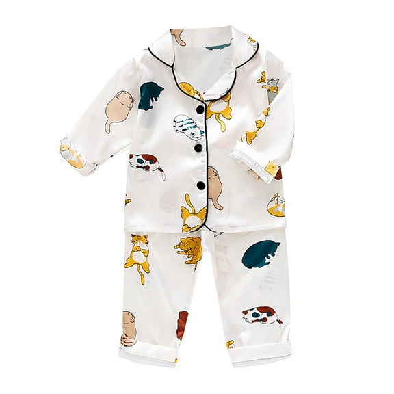 Hienoo Infant Kids Pajamas Boys Girls Animals Satin Button Down Shirt Pants Sleepwear Set